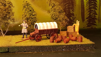 Finished the supply wagon today. Also painted some old boxes, in fact the very first boxes I did in CAD.. Played with washes for the first time. Good that I started with these kegs and boxes, cause there is some technic to it, as in not to much and not...